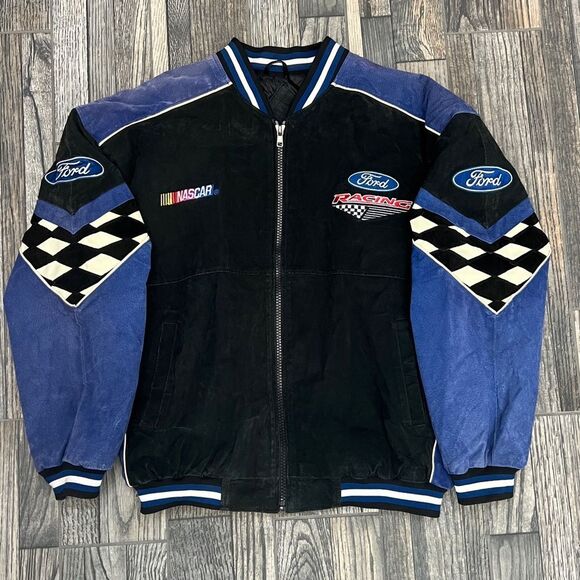 🔥🔥Vintage 90’s NASCAR Ford Racing Suede Leather Embroidered Zip Up Lined Jacke - Picture 1 of 15